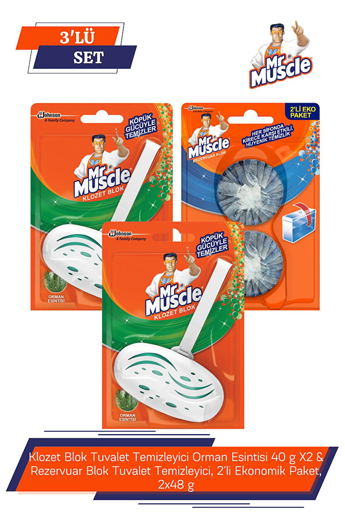 Klozet Blok Tuvalet Temizleyici Orman Esintisi 40 g X2 & Rezervuar Blok Tuvalet Temizleyici, 2'li Ekonomik Paket, 2x48 g
