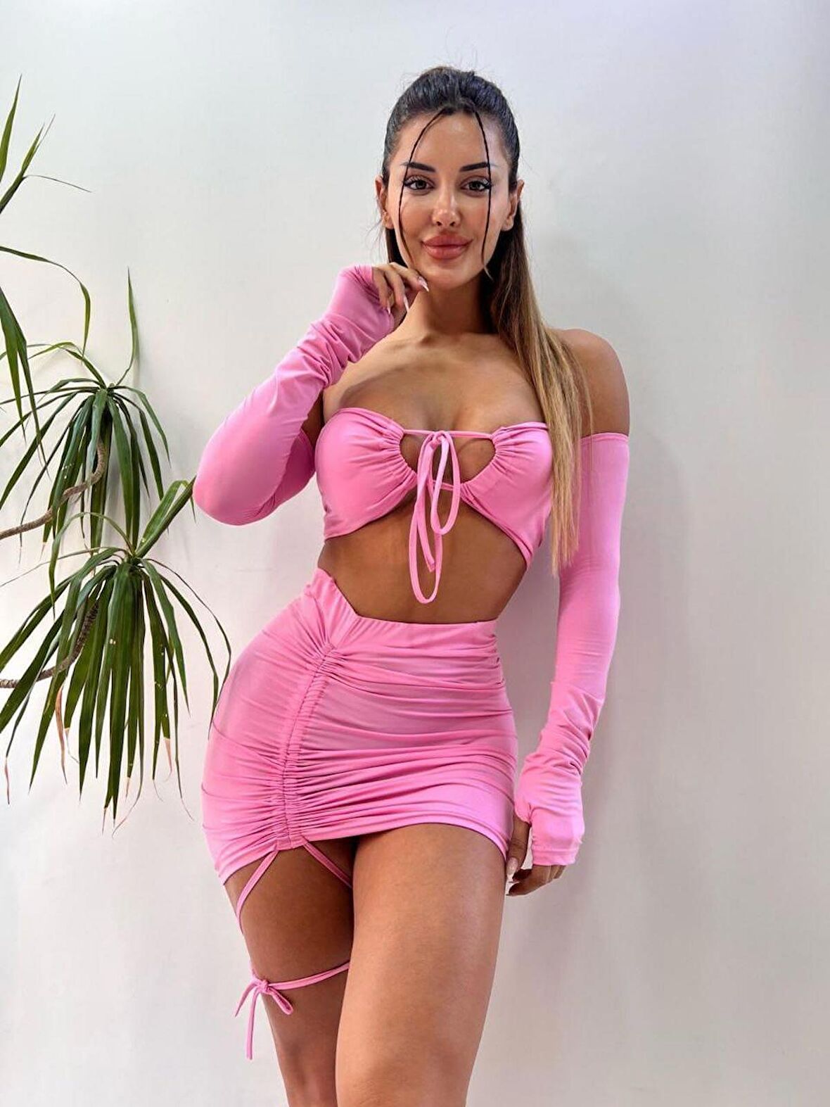 Pembe Askısız Yüksek Bel Mini Etekli İkili Takım