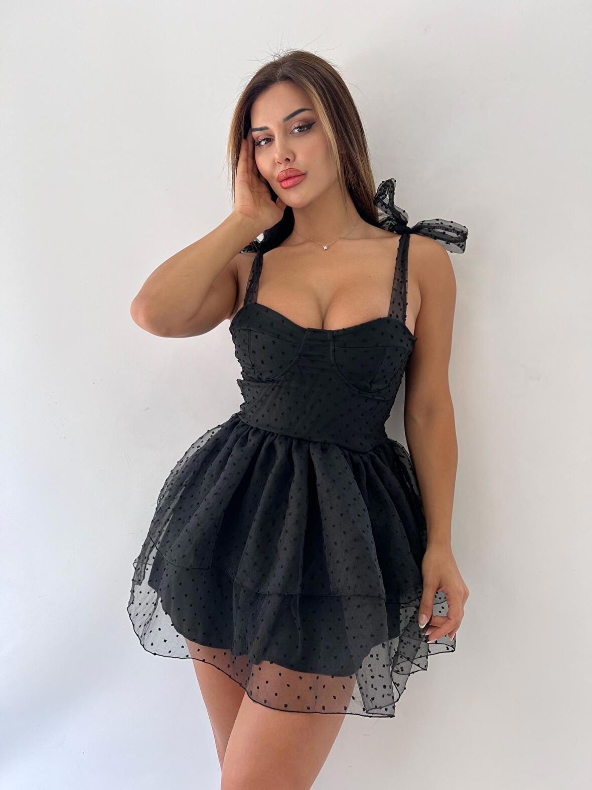 Siyah Nokta Baskı Spagetti Lolita Tarzı Cutecore Mini Elbise