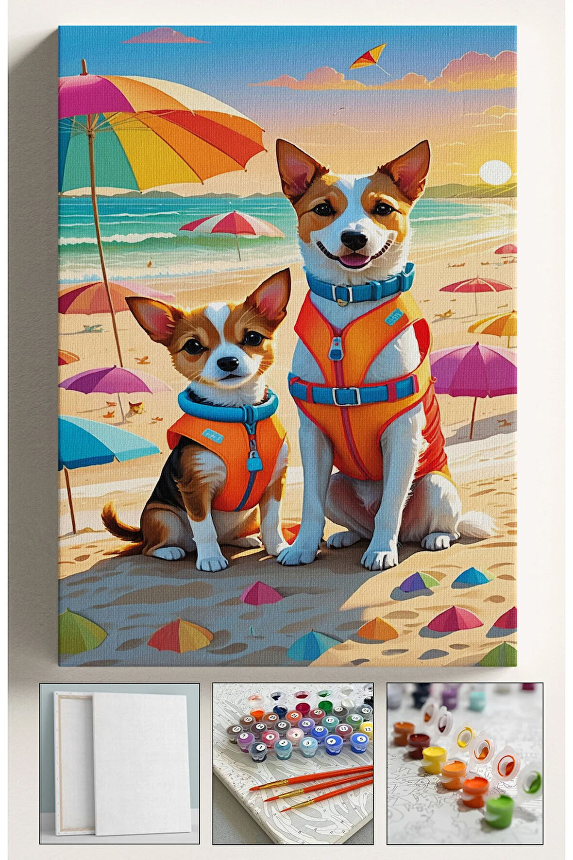 Sayılarla Boyama Tuval Seti Fırça Boya Dahil (Çıtalı) 40x50 CM - PLAJ KÖPEK