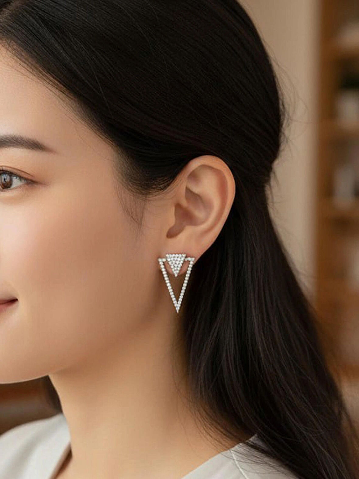 Kadın 925 Ayar Gümüş Üçgen Zirkon Taşlı Çivili Küpe, Iç Içe Üçgen Küpe