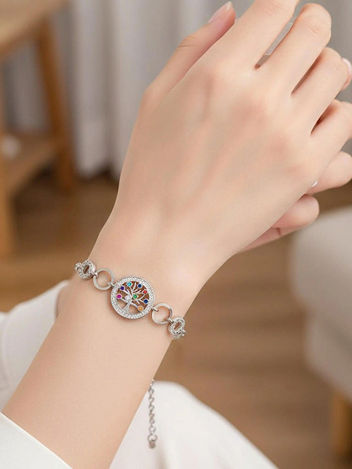 Kadın 925 Ayar Gümüş Renkli Zirkon Taşlı Hayat Ağacı Bileklik