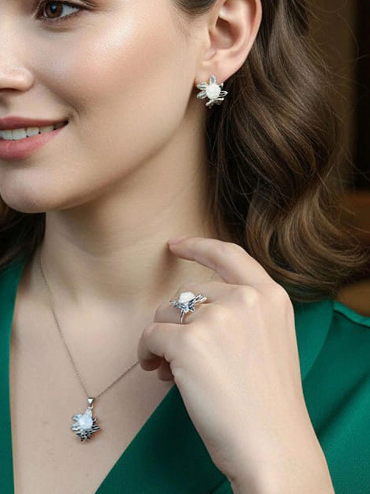 Kadın Aksesuar 925 Ayar Gümüş çiçek Kelebek zirkon Taşlı takı Seti