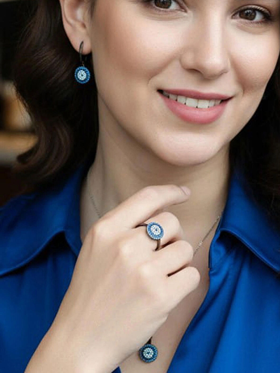 Kadın 925 Ayar Gümüş Mavi Nazarlık Gümüş Takı Seti, Sosyete Gözlü Zirkon Taşlı Takı