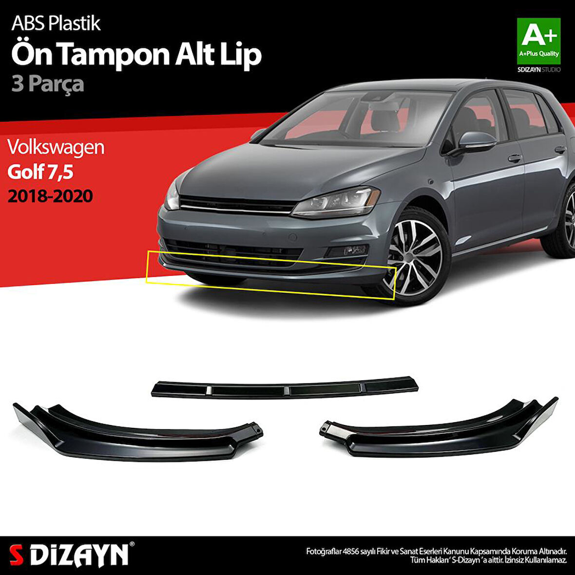 S-Dizayn VW Golf 7,5 ABS Plastik Ön Tampon Alt Lip 3 Prç. 2018-2020 A+Kalite