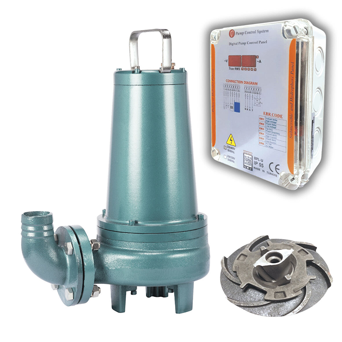 Varan WQK 55-10-5.5QG Bıçaklı (KORUMA PANOLU) Foseptik Dalgıç Pompa 7.5 HP / 5.5 kW, Trifaze 380 V