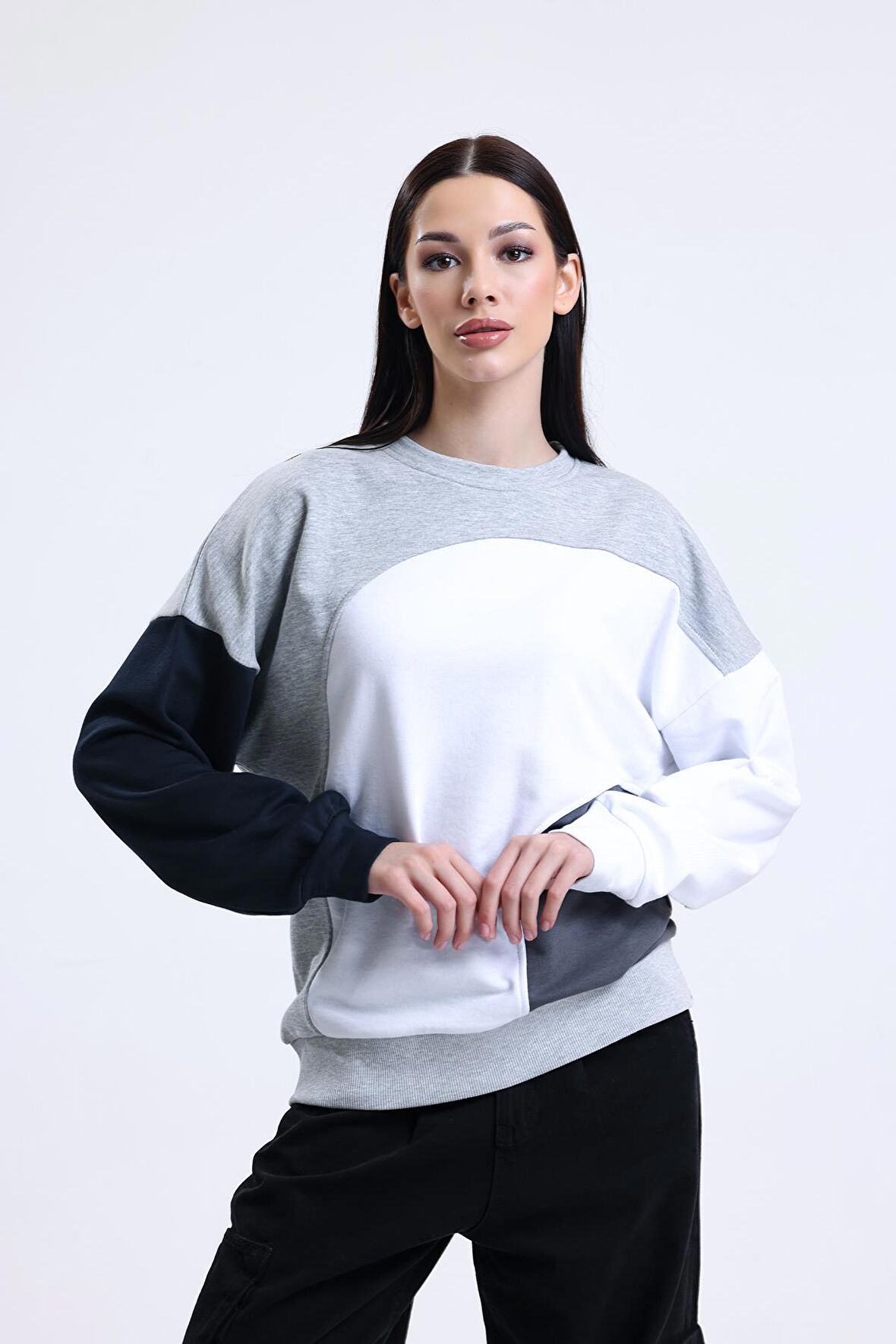 Gri Melanj Parçalı Bisiklet Yaka Sweatshirt