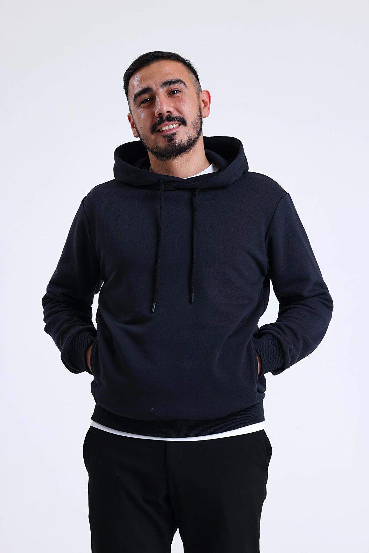 Lacivert Yandan Cepli Kapüşonlu Sweatshirt