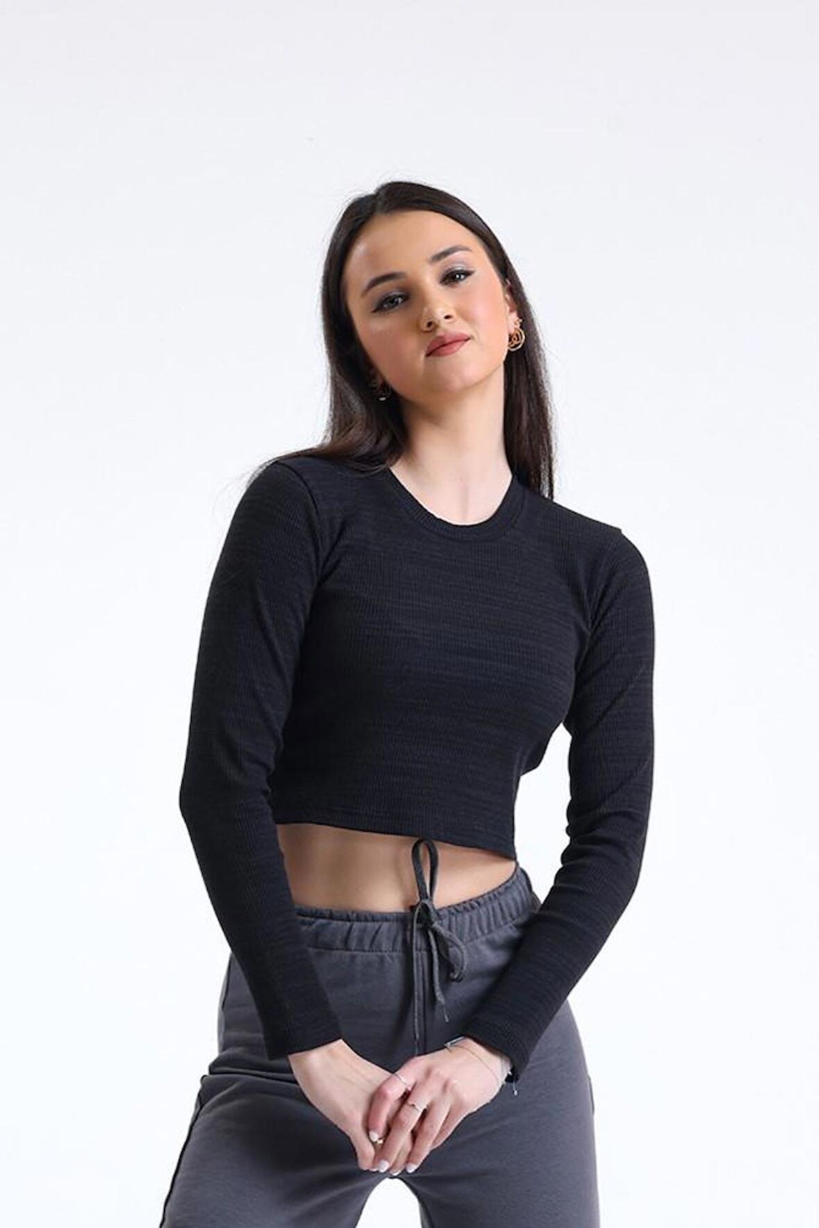 Siyah Bisiklet Yaka Uzun Kollu Fitilli Kaşkorse Crop Bluz