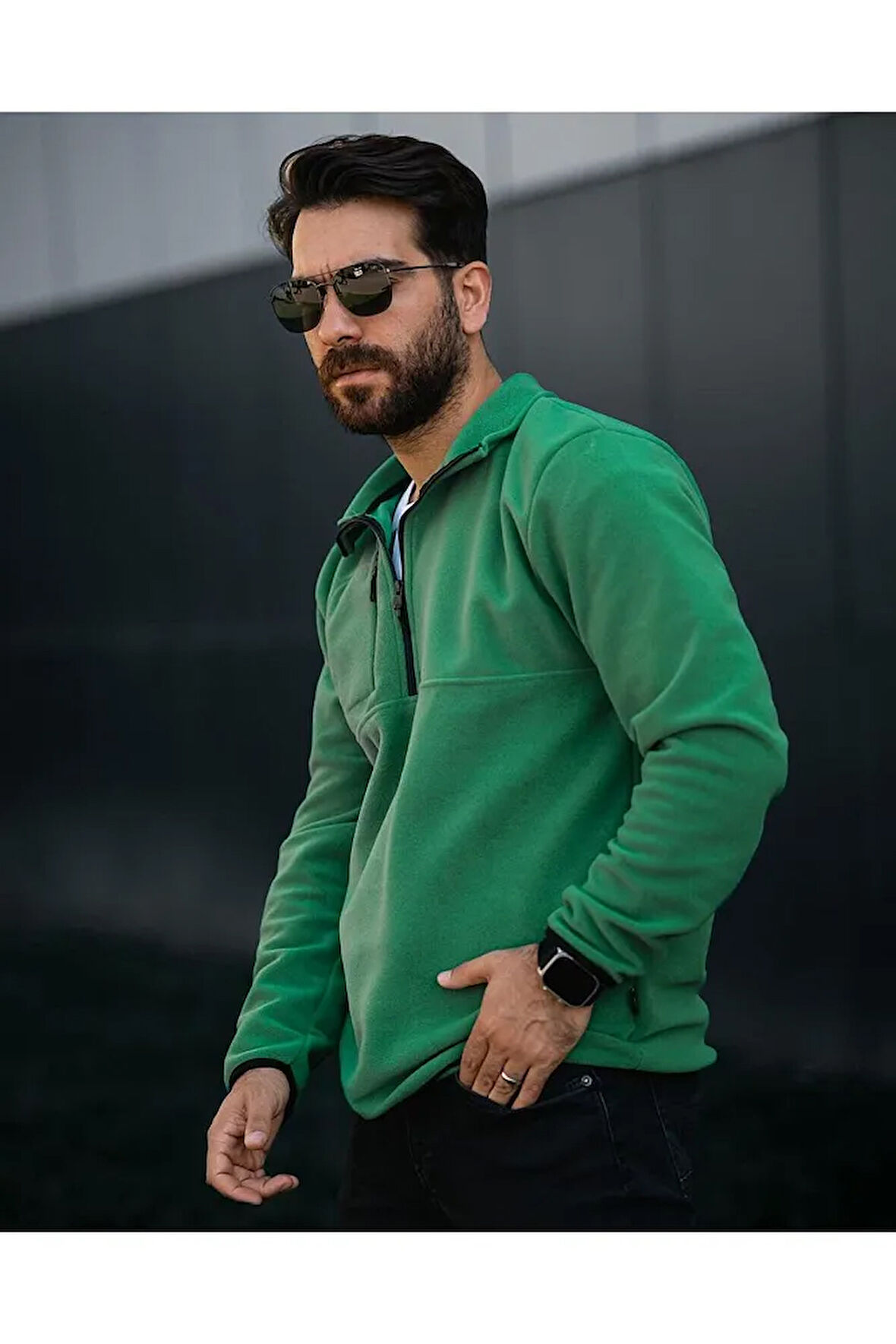 Erkek Yarım Fermuarlı Bato Yaka Polar Sweatshirt