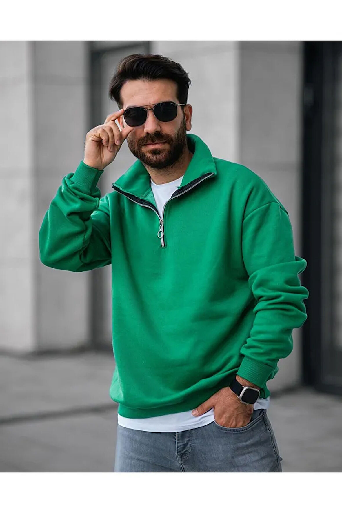 Erkek Yarım Fermuarlı Oversize Sweatshirt