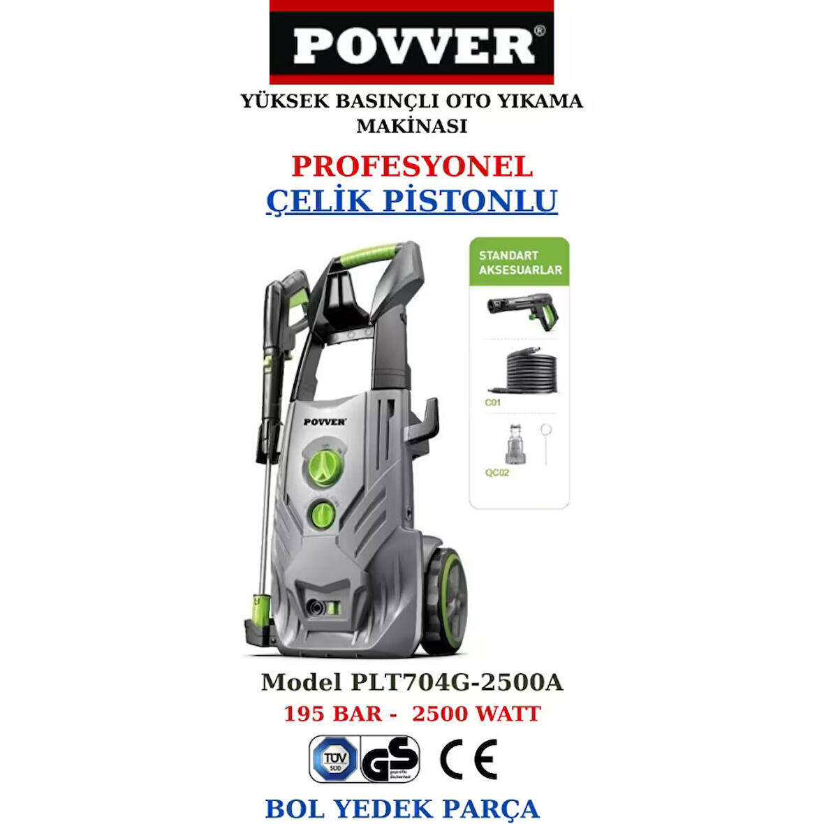 Profesyonel (Bakır Sargılı) İndüksiyon Motorlu Yüksek Basınçlı Yıkama Makinesi (2500 W-195 Bar)