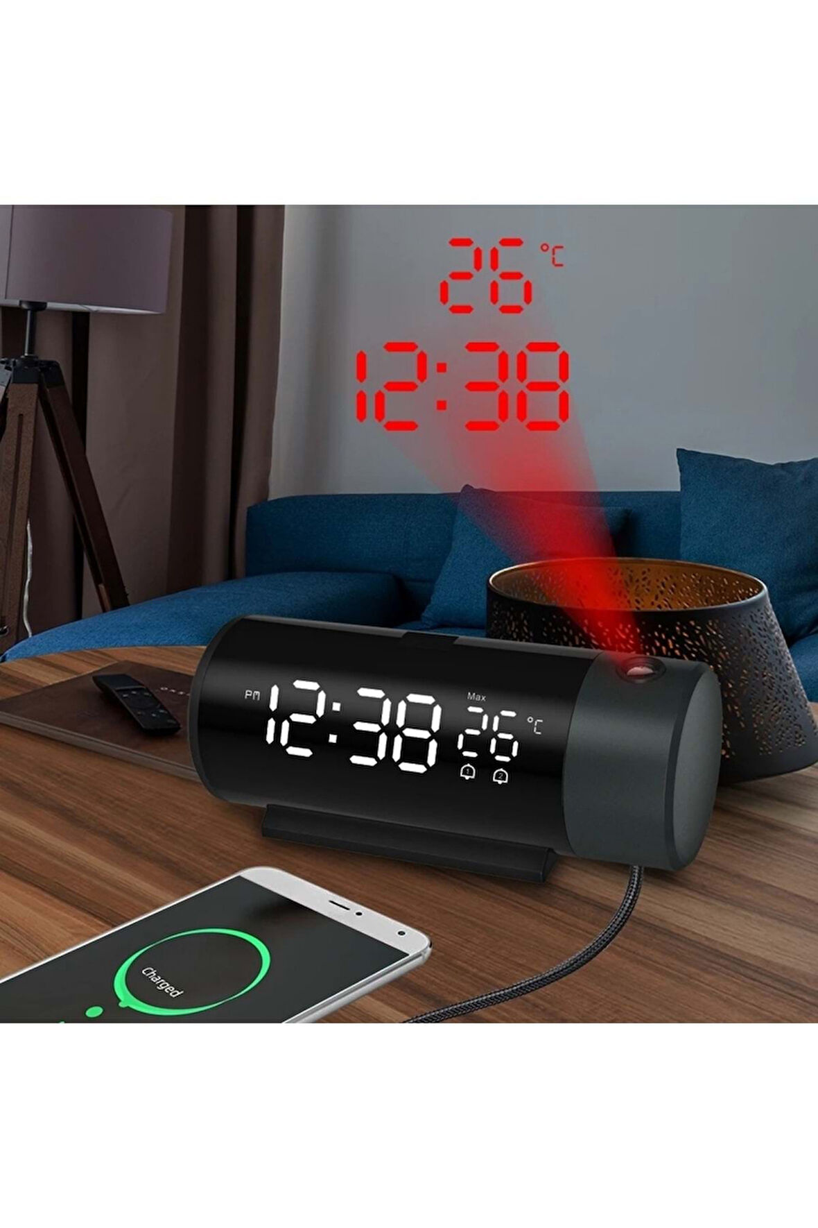 Plentiful Projeksiyonlu Silindir USB Güç LED Ekran Çalar Saat Sıcaklık Çift Alarm