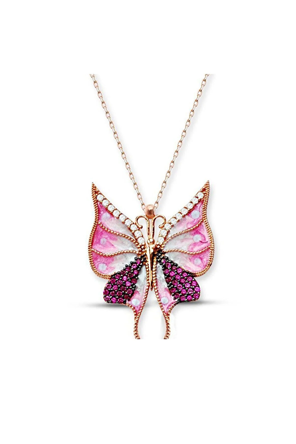 Modahilye 925 Ayar Gümüş Pembe Kelebek Zirkon taşlı Rozegold Kadın Kolye