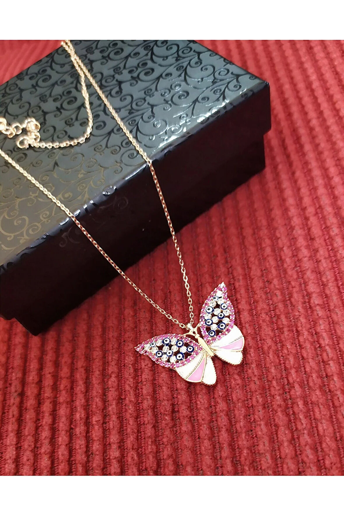 Modahilye - 925 Ayar Gümüş Pembe Kelebek Nazar Boncuklu Rozegold Renk Kolye