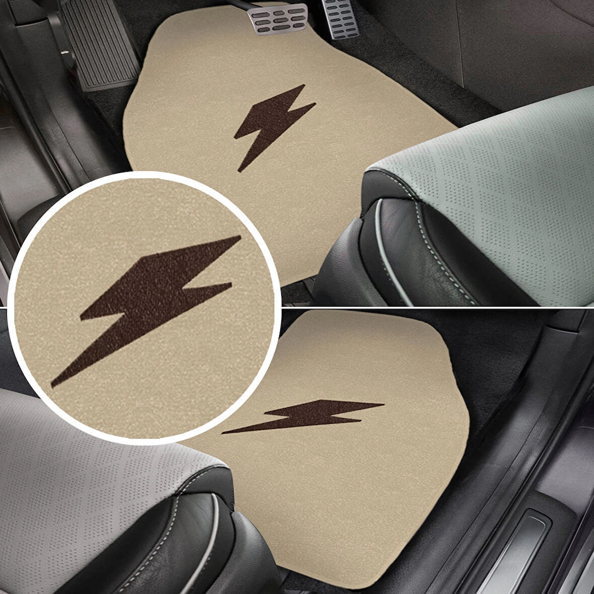  Kahverengi Şimşek Nakış Desenli 5'li Oto Halı Paspas Seti | Ön Arka Uyumlu Araç Oto Halı Paspas