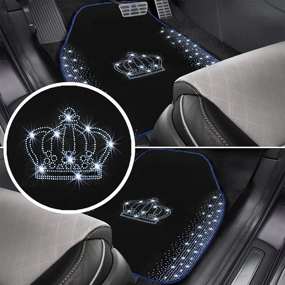 Kristal Taşlı Taç Desenli Işıltılı 5’li Araç Oto Halı Paspas Seti – Lüks & Şık Araç İçi Tasarım