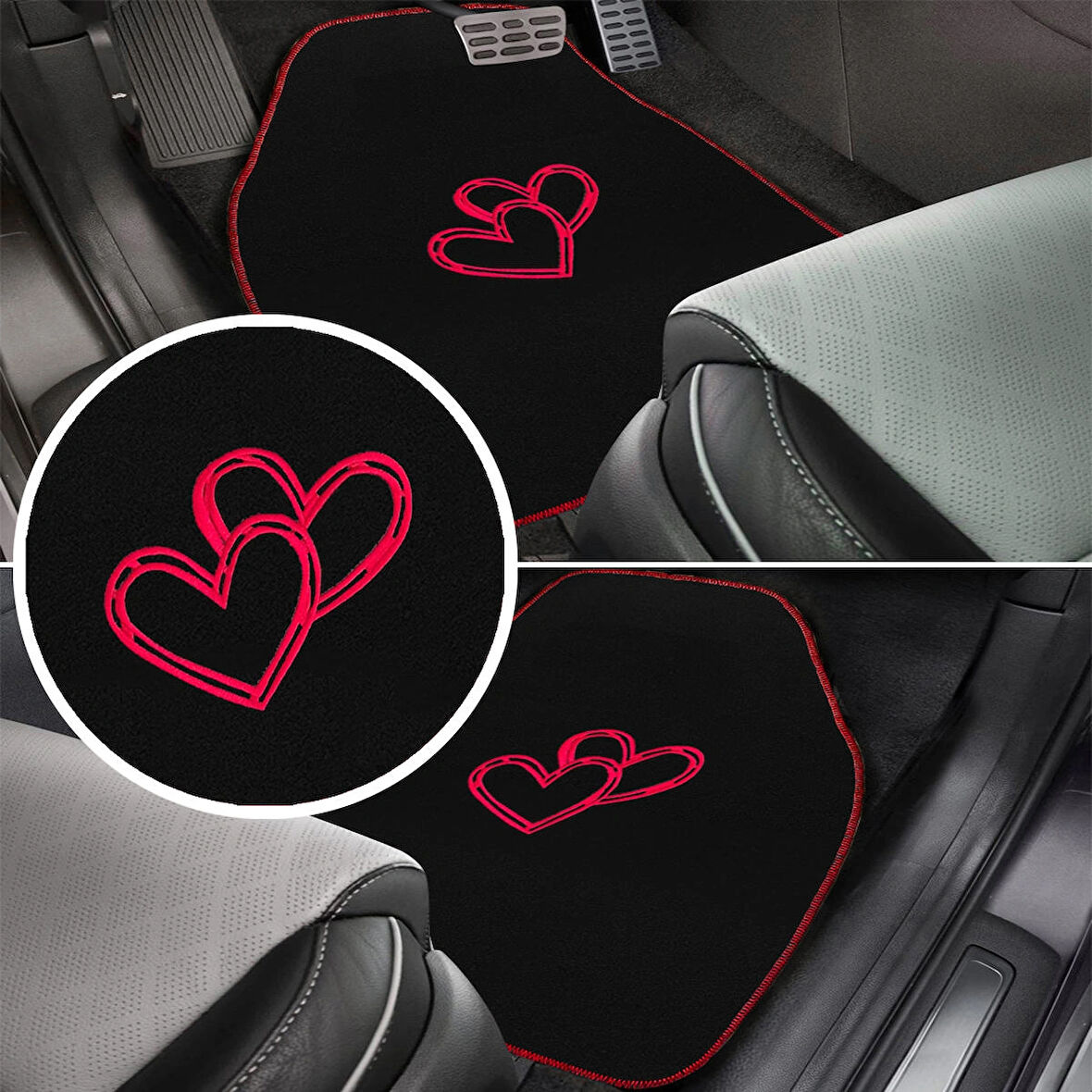  Aşkınızı Aracınıza Taşıyın! Kalp Desenli Kırmızı Nakışlı Lüks Oto Paspas Seti & Romantik Şık Tasarım