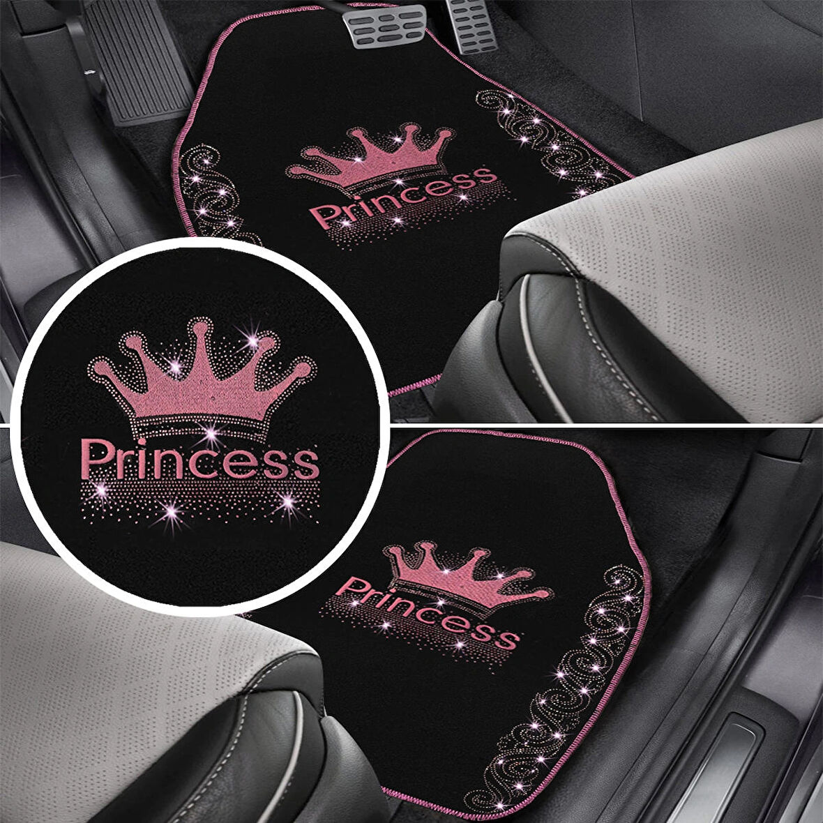Işıltıya Hazır Ol, Bu Yol Senin! Pembe Taşlı Prenses Taç Desenli 5’li Nakışlı Oto Halı Paspas Seti