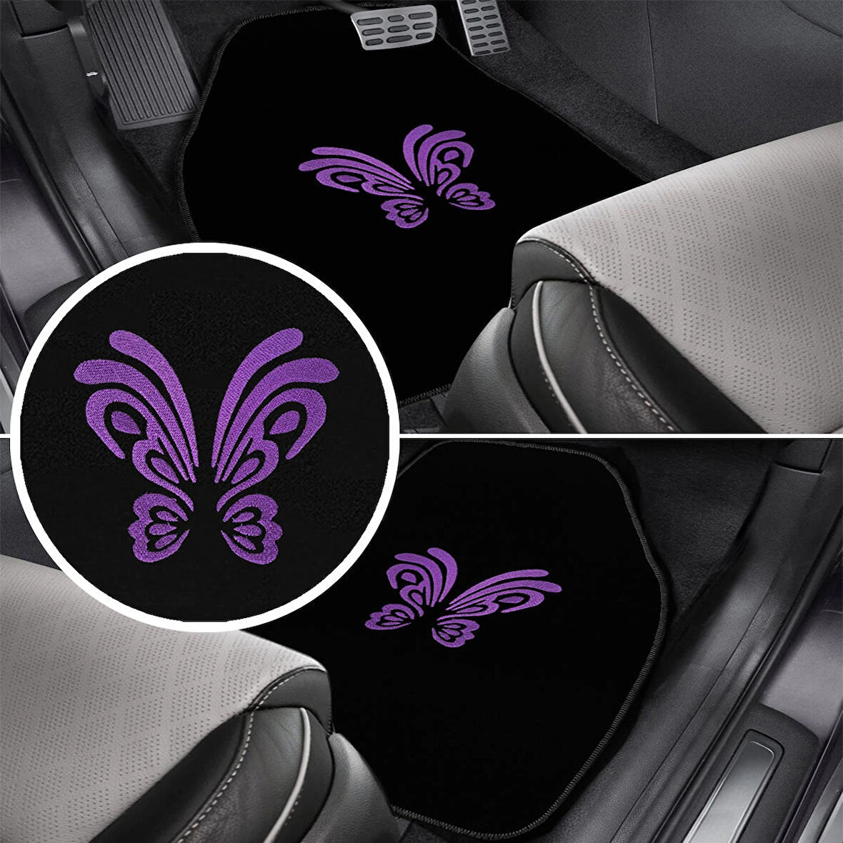 Kelebek Desenli Mor Nakışlı 5 Parça Siyah Oto Halı Paspas Seti – Kadın Sürücülere Özel Şık Tasarım