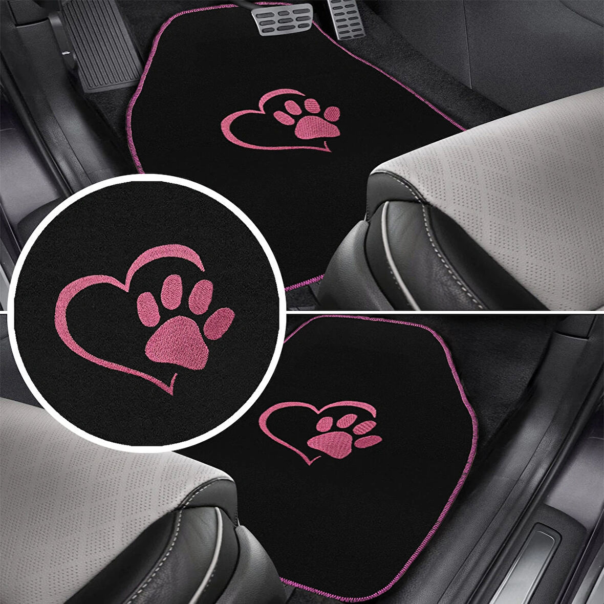 Sevgili Köpek Pati Desenli Pembe Nakışlı Araç Halı Paspas Seti | Şık ve Sevimli Oto Paspas Aksesuar