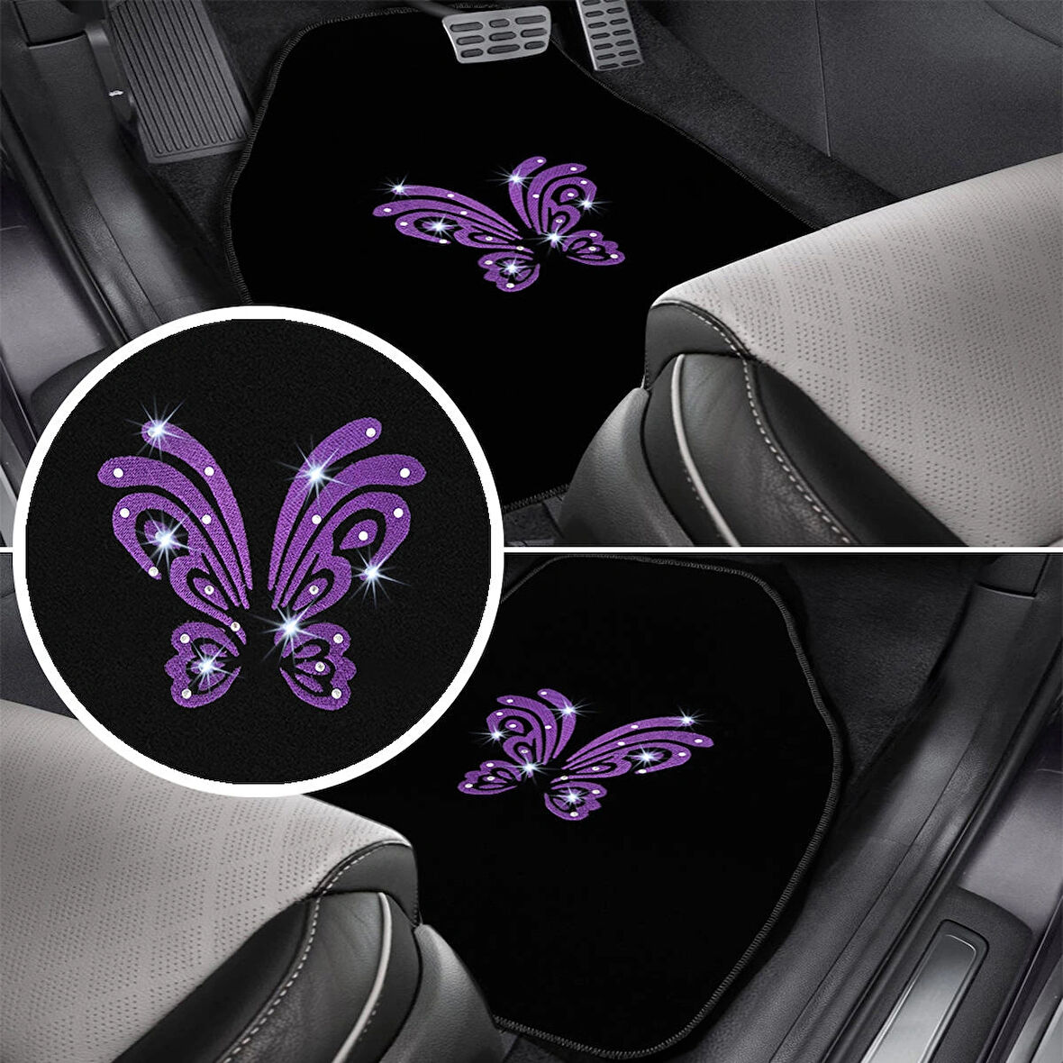 Kadın Sürücülere Özel: Mor Kelebek Zarafeti & Taşlı Siyah Oto Halı Paspas Seti – 5 Parça Nakışlı