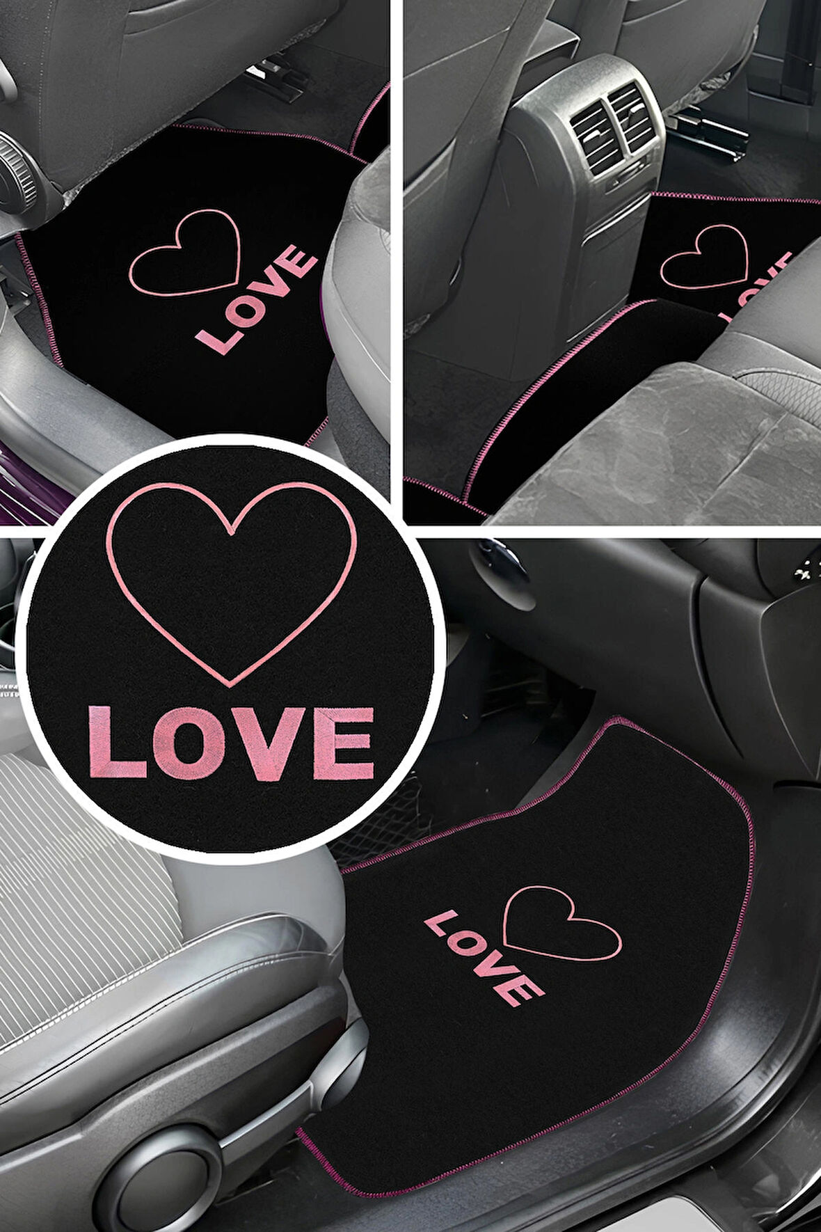Kalp ve Aşk Desenli Pembe Nakışlı 5'li Oto Halı Paspas Seti | Love Yazı Detaylı Araba Paspas Takımı