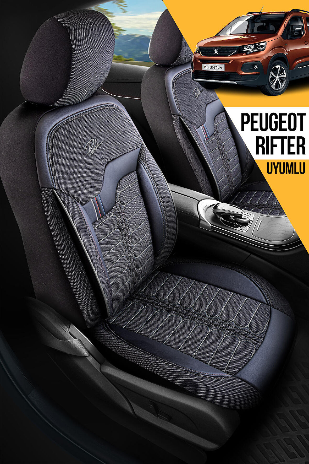 PANDA ŞİLİ SERİSİ İNGİLİZ JAKAR KUMAŞ PEUGEOT RİFTER UYUMLU OTO KOLTUK KILIFI - TAM SET