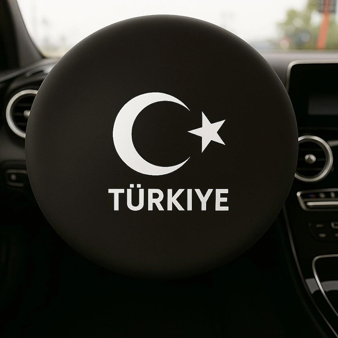 Türkiye Ay Yıldız Tüm Marka Model Araçlara Uygun Direksiyon Koruma Kılıfı - Siyah Penye Kumaş Malzeme