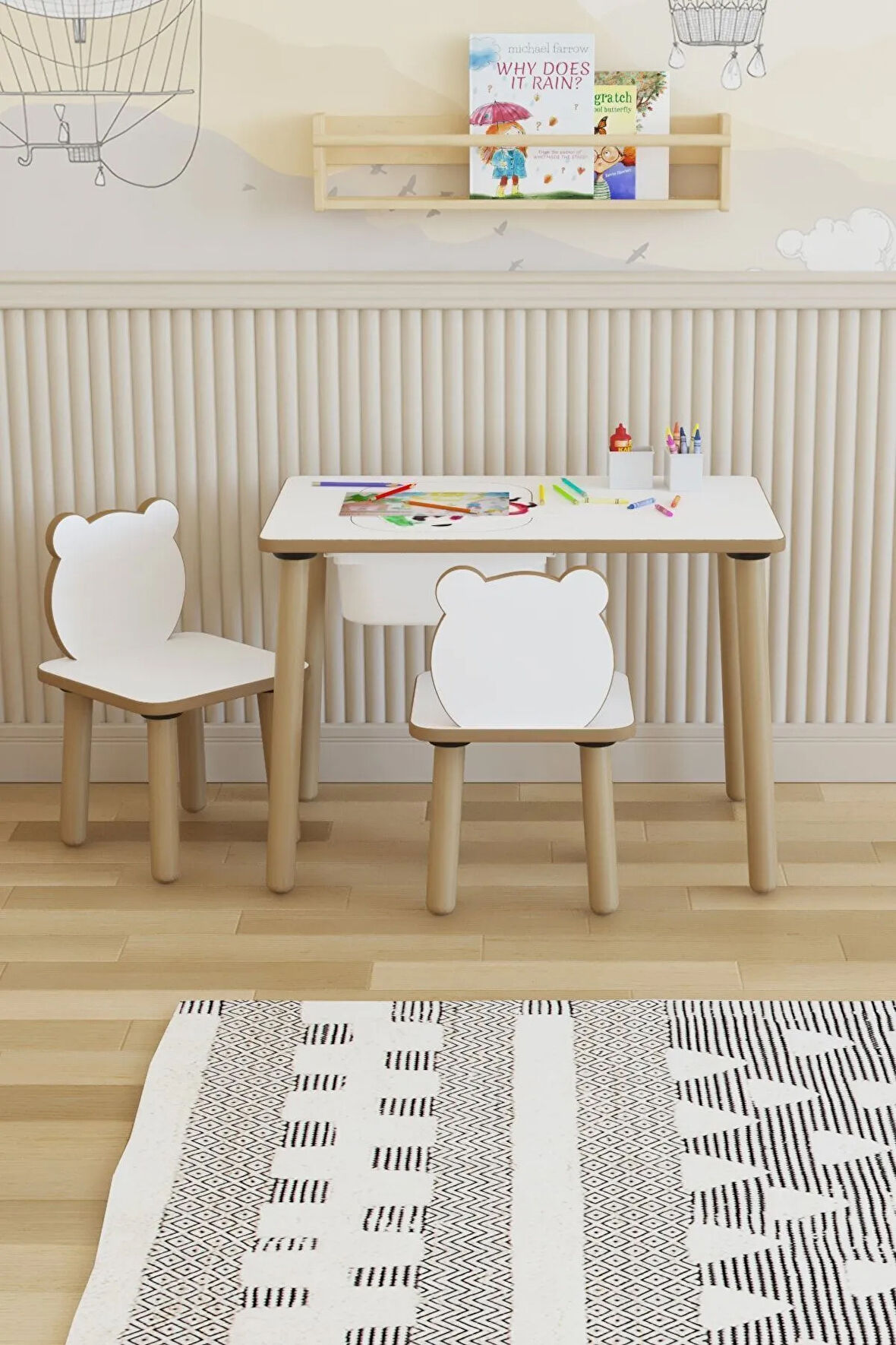 Montessori Çocuk Masası-oyun Masası-aktivite Masası-etkinlik Masası Takımı 2 Panda Sandalye