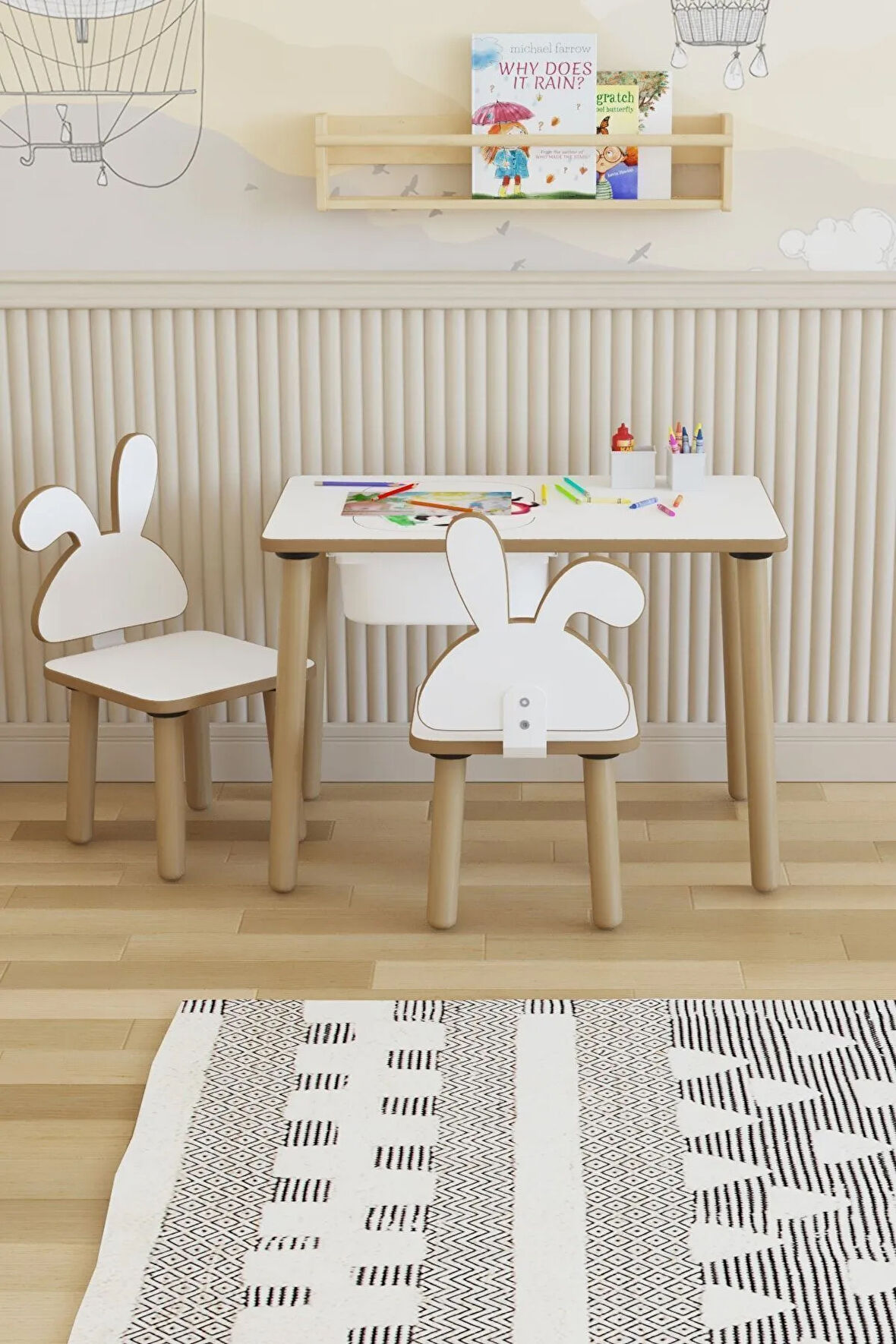 Montessori Çocuk Masası-oyun Masası-aktivite Masası-etkinlik Masası Takımı 2 Tavşan Sandalye