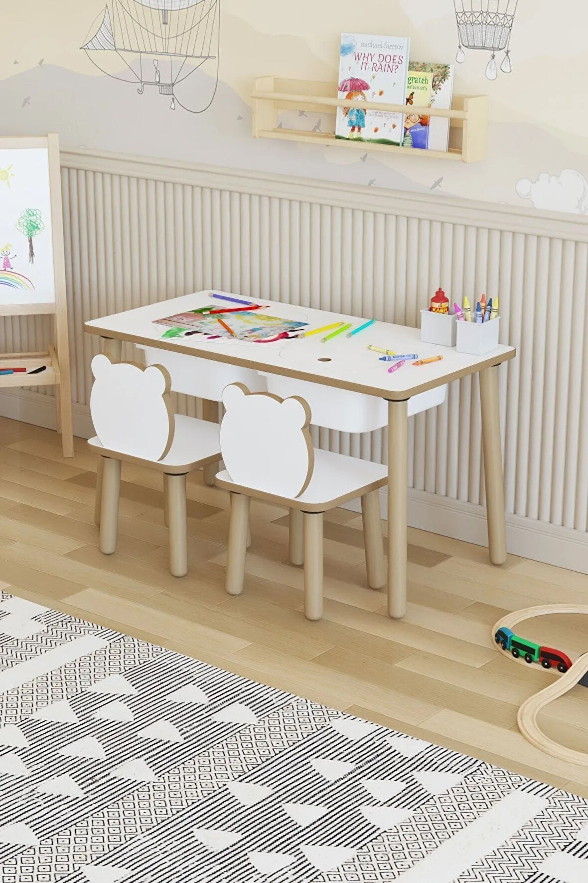 Montessori Çocuk Masası-oyun Masası-aktivite Masası-etkinlik Masası Takımı 2 Panda Sandalye