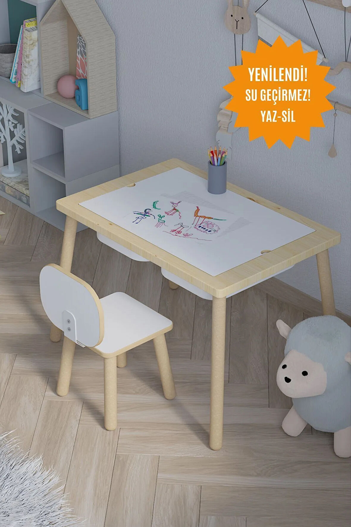 Ağaç Ahşap Çocuk Masası-Yaz sil Yüzey Çocuk Masası-Aktivite-Çocuk Masası-2 ADET SEPET-1 SANDALYE