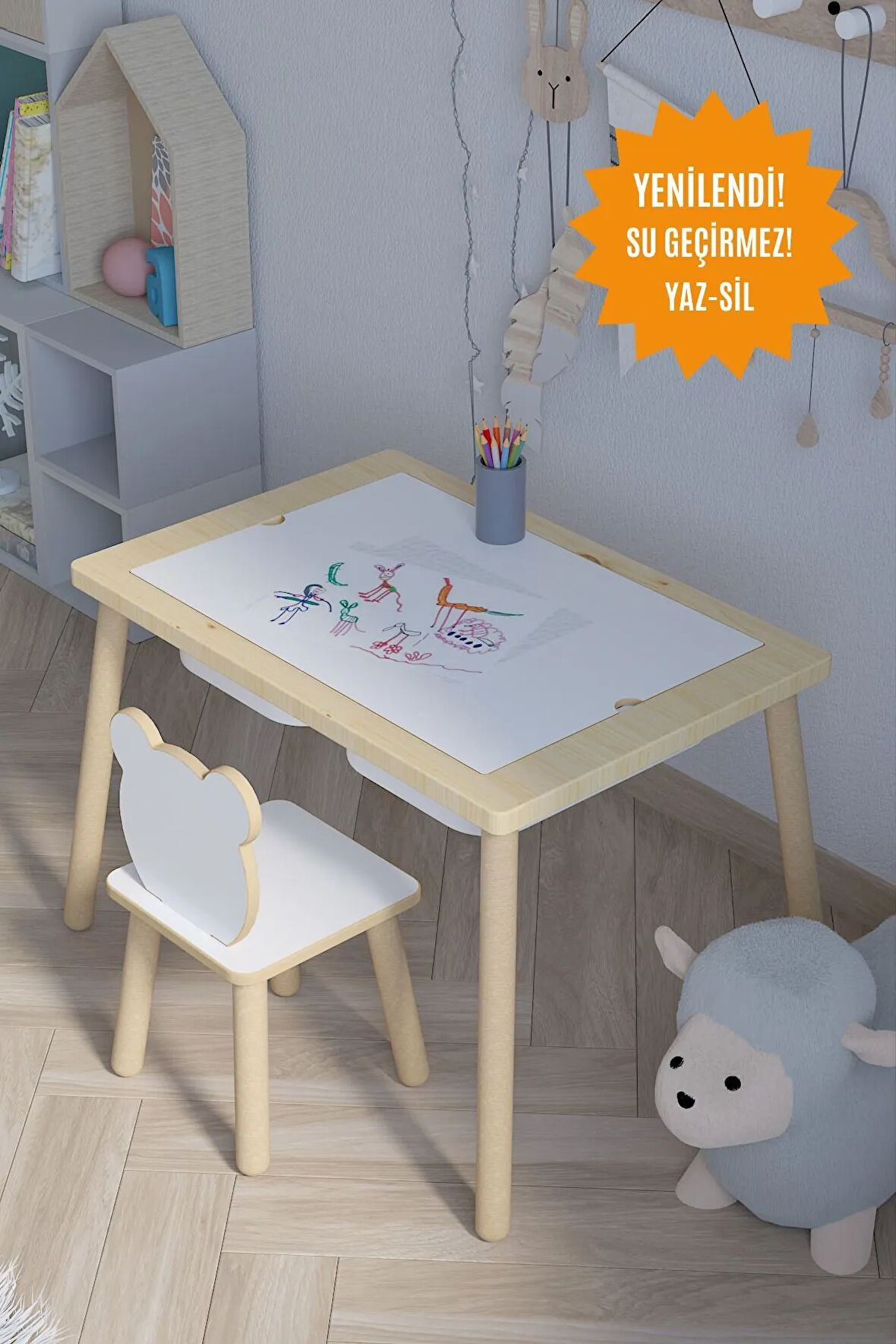 Ağaç Ahşap Çocuk Masası-Yaz sil Yüzey Çocuk Masası-Aktivite-Çocuk Masası-2 ADET SEPET-1 SANDALYE