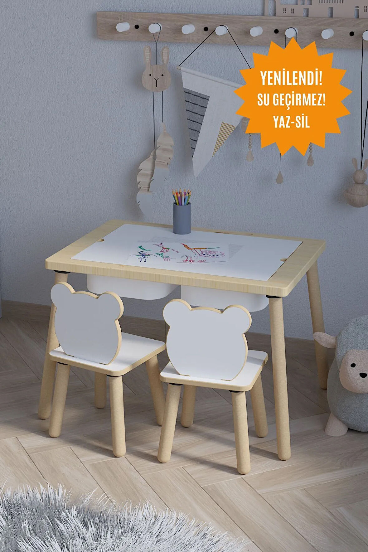 Ağaç Ahşap Çocuk Masası-Yaz sil Yüzey Çocuk Masası-Aktivite-Çocuk Masası-2 ADET SEPET-2 SANDALYE