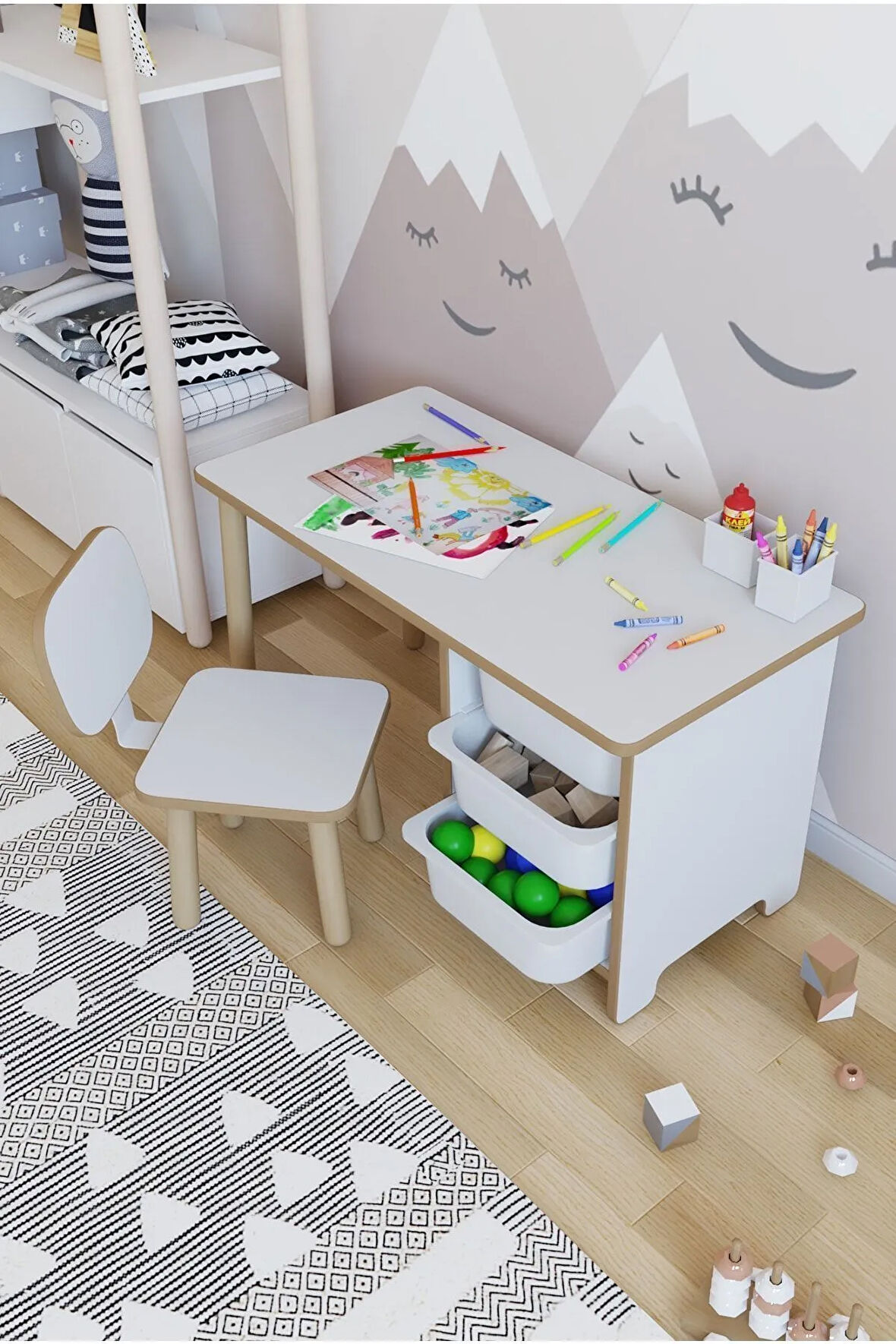 Çocuk Masa Sandalye Takımı 90x45 Cm 3 Sepetli Çocuk Çalışma Masası Aktivite Masası Yaz-sil