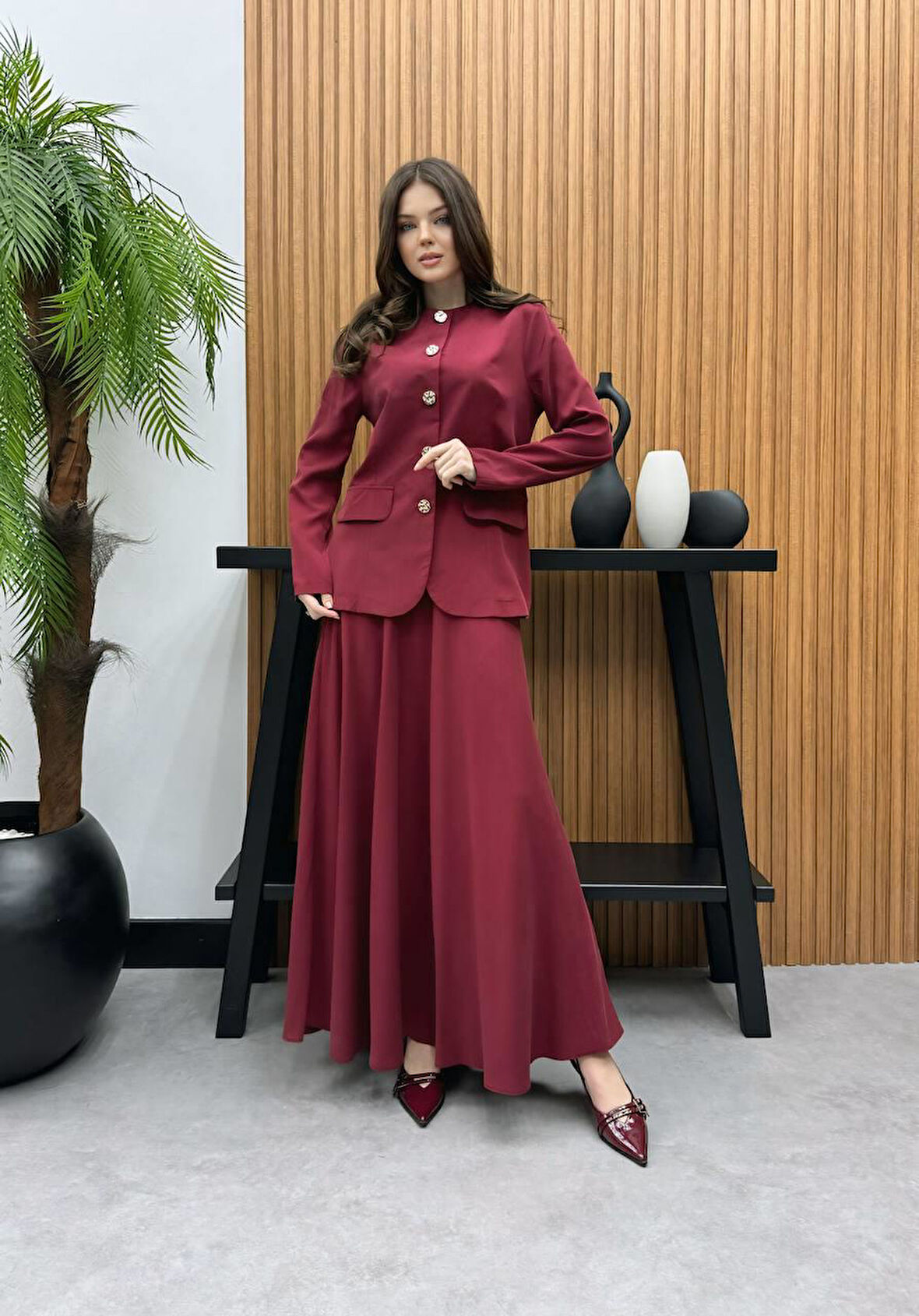 Premium Kalite TNCL (ince jean) Kumaş Düğme Detaylı İkili Takım Tesettür Uyumlu Ceket Etek İkili Takım