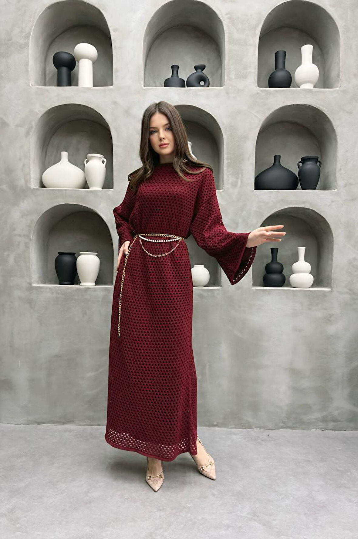 Kemer Detaylı File Elbise Komple Astarlı Ajurlu Elbise