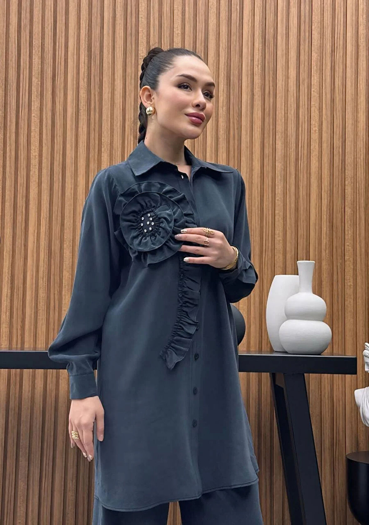 Premium Kalite TNCL Kumaş Çiçek Detaylı İkili Takım Tesettür Takım