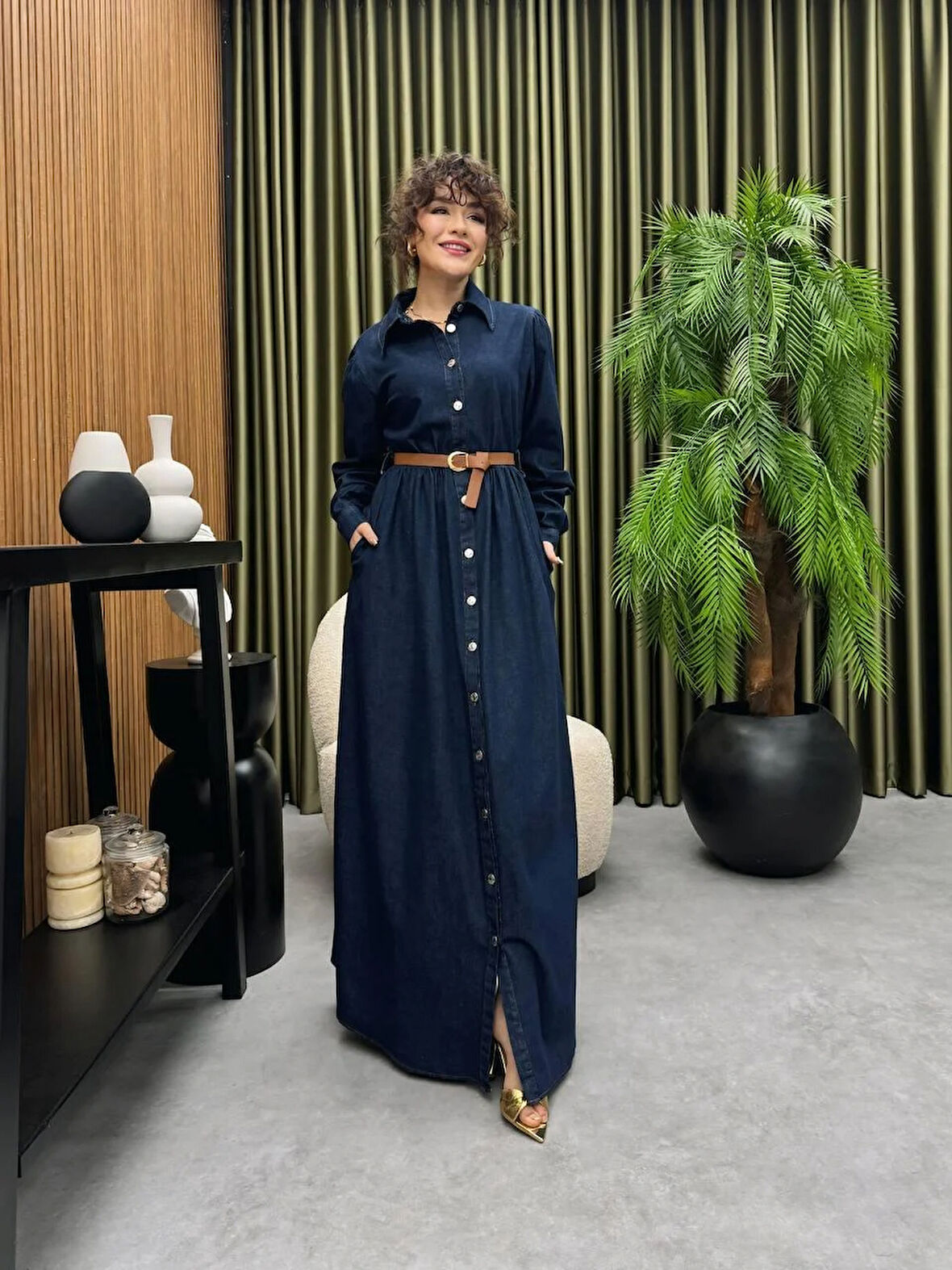 Premium Kalite Kemer Detaylı Yazlık Denim Kot Elbise Tesettür Jean Elbise 148 cm