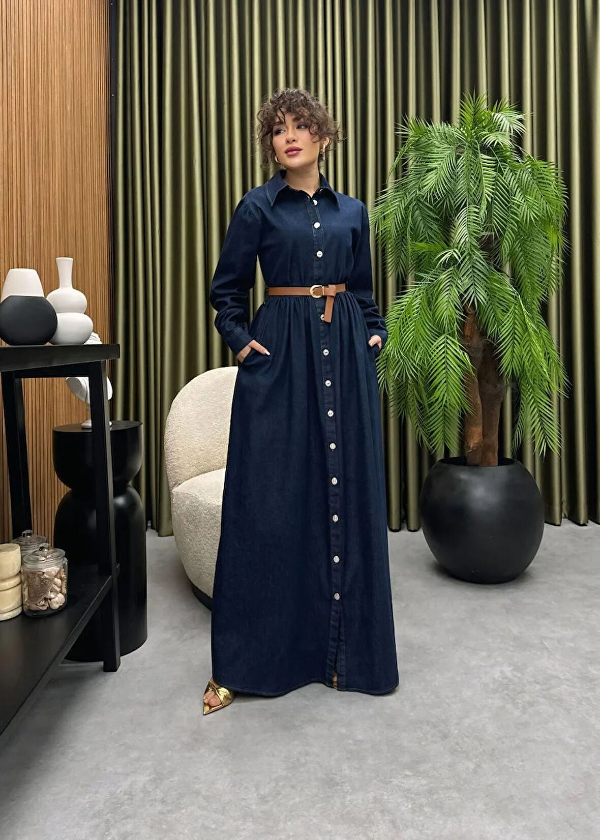 Premium Kalite Kemer Detaylı Yazlık Denim Kot Elbise Tesettür Jean Elbise 148 cm