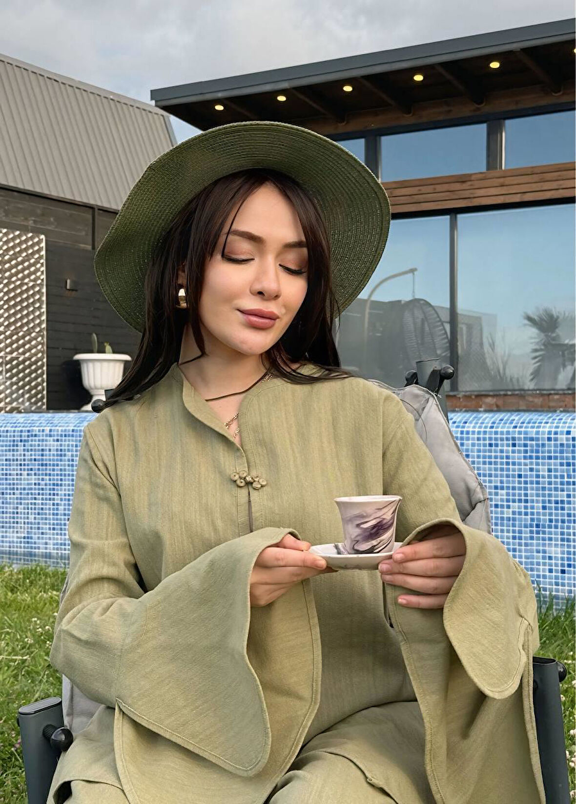 Kadın Volan Kol Çin Düğmeli Keten Ceket Pantolon İkili Takım