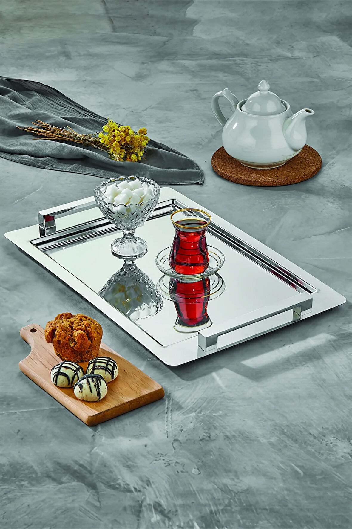 Köprü Çay Kahve Sunum Tepsisi Paslanmaz Çelik