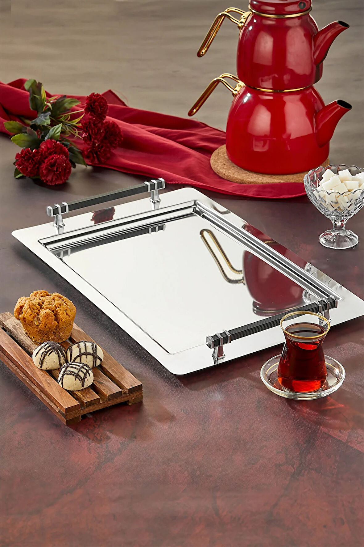 Beren Çay Kahve Sunum Tepsisi Paslanmaz Çelik