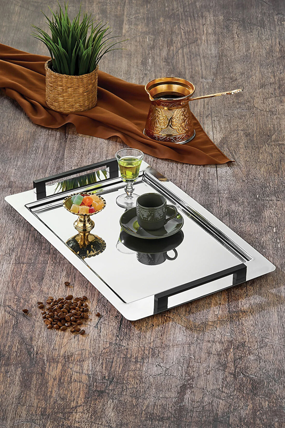 Kale Çay Kahve Sunum Tepsisi Paslanmaz Çelik