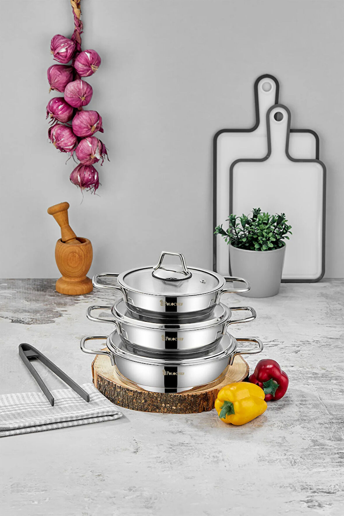 Paslanmaz Çelik Sahan Seti Silver Saplı 6 Parça