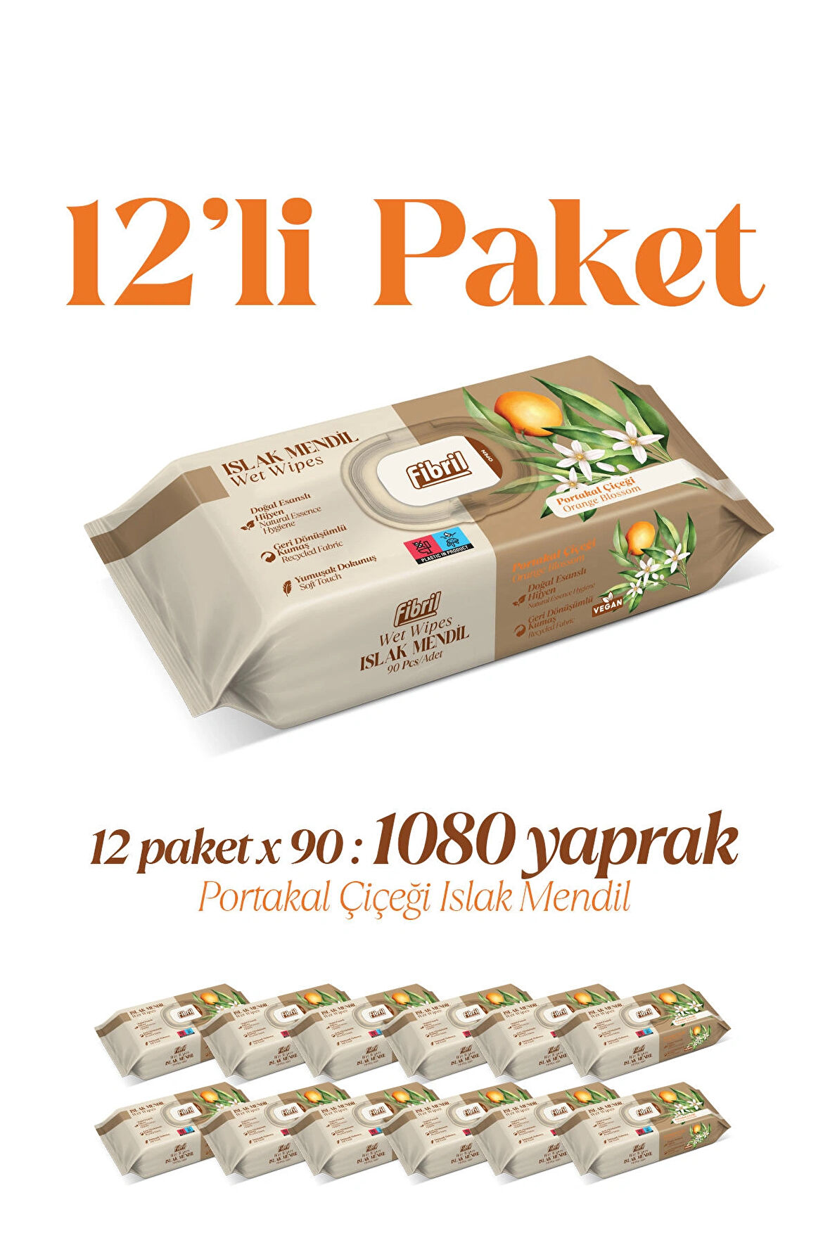 Portakal Çiçeği Kokulu Islak Mendil 12x90 Pk 1080 Yaprak Doğal Esans , Geri Dönüştürülebilir Kumaş