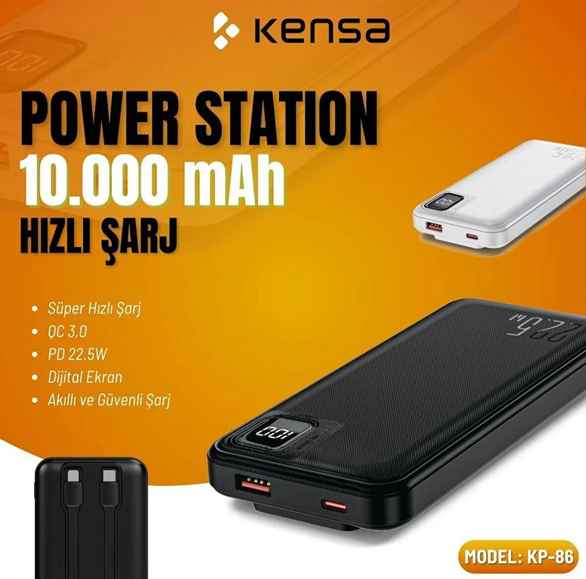 POWERBANK YENİ NESİL DİJİTAL GÖSTERGELİ KENDİNDEN KABLOLU 10.000 mAh  ULTRA HIZLI 22.5 W USB-C ve LN