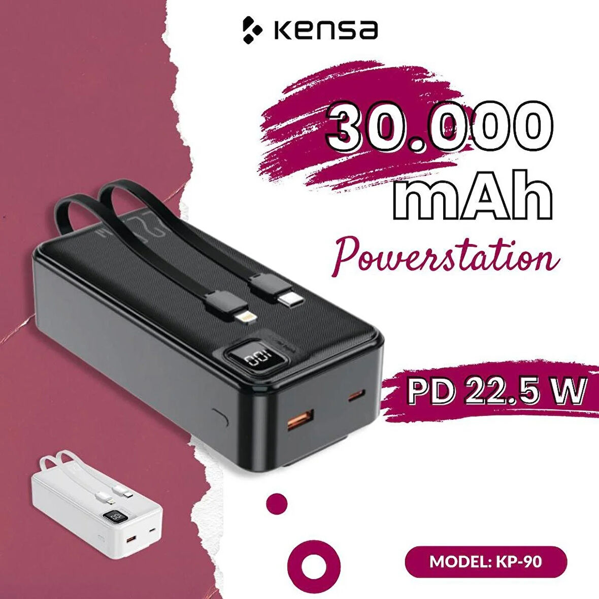 POWERBANK 30.000 mAh YENİ NESİL KENDİNDEN KABLOLU 22.5 W ULTRA HIZLI VE GÜÇLÜ PD QC 3.0