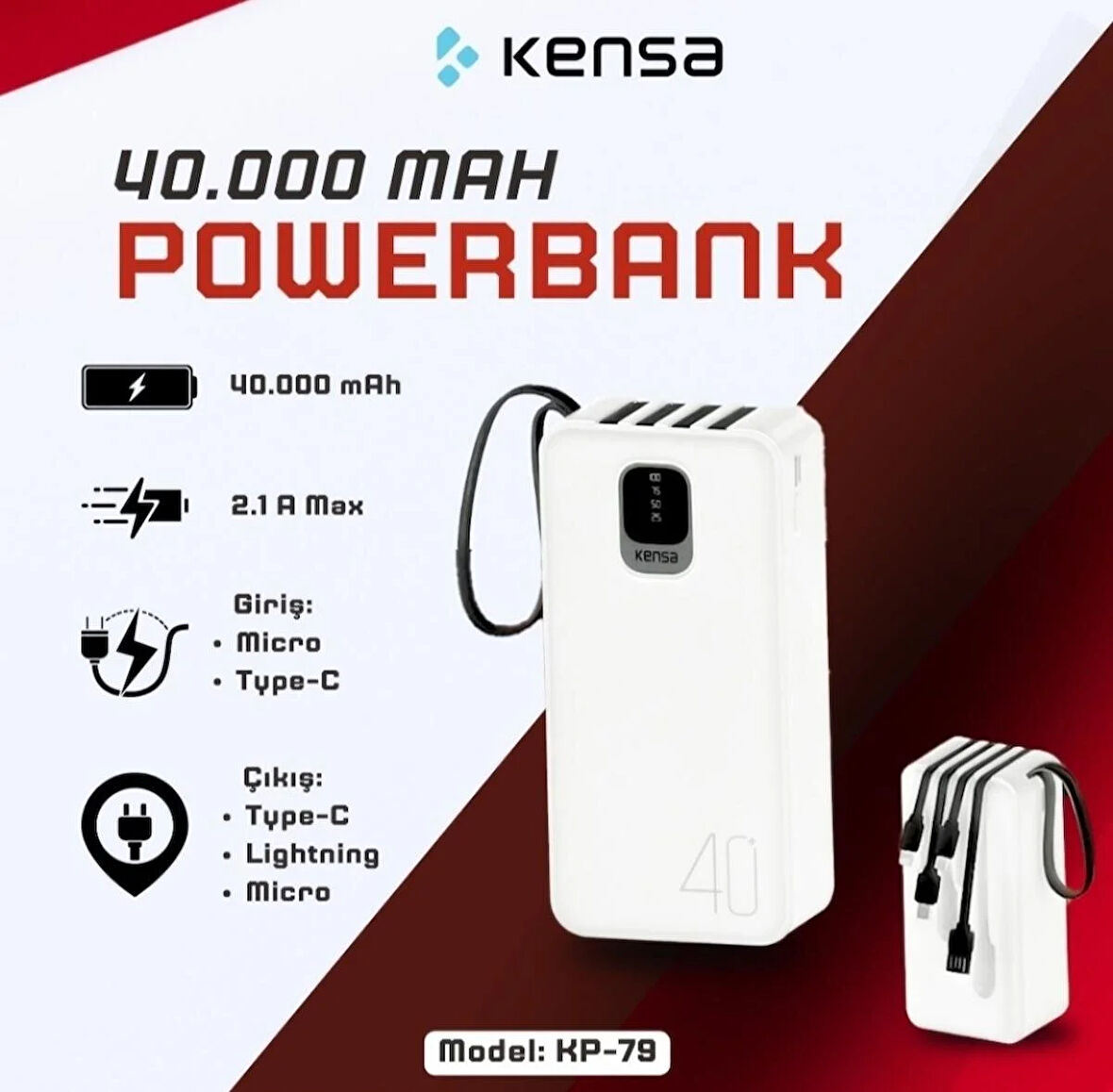 POWERBANK 40000 mAh KENDİNDEN KABLOLU ULTRA GÜÇLÜ ve HIZLI YENİ NESİL